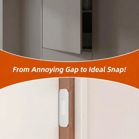 12 Pack No Drill Magnetic Cabinet Door Catch Set on a closed kitchen cabinet showcasing adhesive latch application