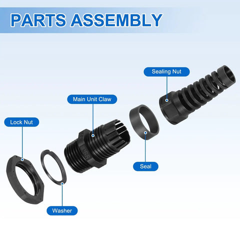 Exploded view of 2 Pcs NPT1/2 Cable Glands Pro Grade Adjustable 6-12mm PA66 Nylon IP68 Waterproof Connectors showing parts assembly.