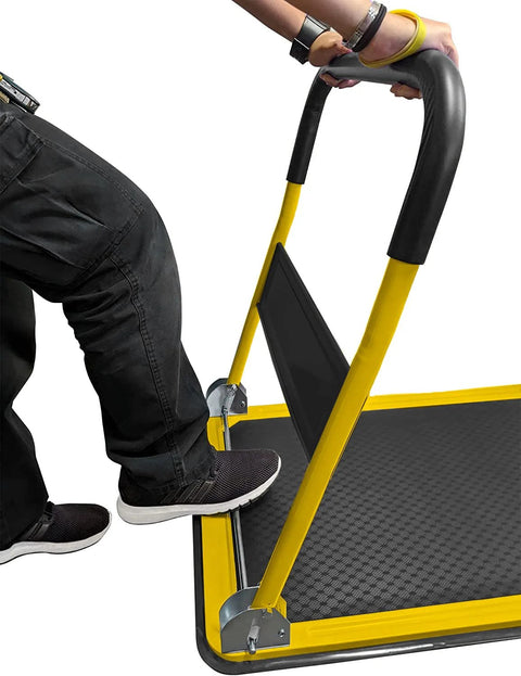 Heavy Duty Foldable Push Cart Dolly 330 Lb Capacity With Upgraded Collapsible Hand Truck, yellow handle, user folding the cart