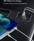 Premium Dual Port Vehicle Charger With MFi Certified Lightning Cable Pumping Out 38W Fast Power for charging two devices in car.