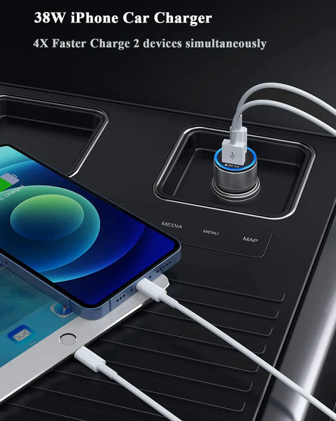 Premium Dual Port Vehicle Charger With MFi Certified Lightning Cable Pumping Out 38W Fast Power for charging two devices in car.