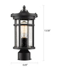 Outdoor Post Light For Garden And Pathway Vintage Exterior Pillar Lamp in black with warm glow, 6.69x13.58 inches, weather resistant.
