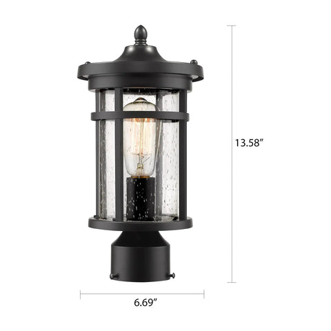 Outdoor Post Light For Garden And Pathway Vintage Exterior Pillar Lamp in black with warm glow, 6.69x13.58 inches, weather resistant.