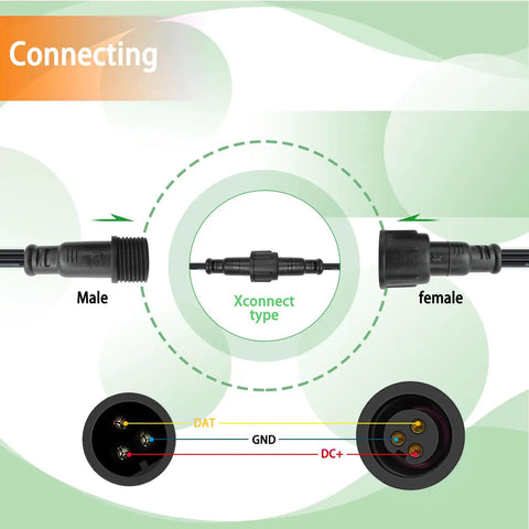 Six Pair Three Pin Xconnect Pigtail Connectors For Low Voltage Lighting System showing male and female connectors with labeled wiring.