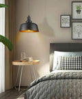 Bedroom setup with Dope Industrial Pendant Light With Plug In Cord Retro E26 Hanging Ceiling Lamp On Off Switch Oil Black Shade.