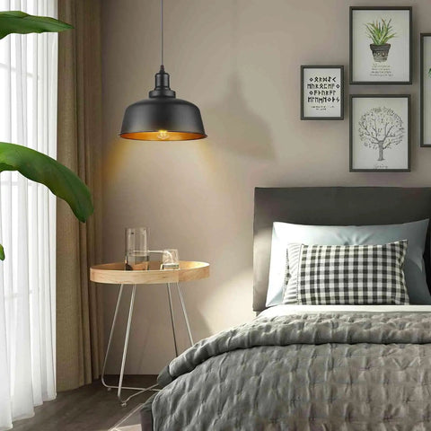 Bedroom setup with Dope Industrial Pendant Light With Plug In Cord Retro E26 Hanging Ceiling Lamp On Off Switch Oil Black Shade.