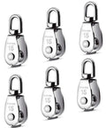 6 Pack 0.59 Inch Single Pulley Block 304 Stainless Steel M15 Crane Swivel Hook Single Pulley Roller Smooth Wire Rope