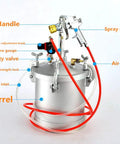Top Shelf 10 Liter Pneumatic Paint Pressure Pot With Upgraded Six Hole Spray Gun showing safety valve, pressure gauge, handle, and hoses.