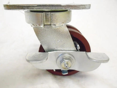 4 Inch Swivel Caster With Burgundy Ductile Steel Wheel And 7/8 Inch V Groove features a locking brake and roller bearings for smooth glide.