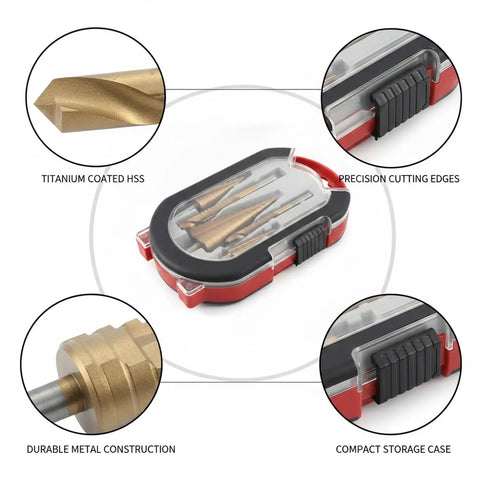 Top Rated 6-Piece Titanium Step Drill Bit Set For Metal Wood And Plastic Serrated Cone Bits To Cut Clean Holes Without Burrs Plus Storage Case Included, titanium HSS bit case