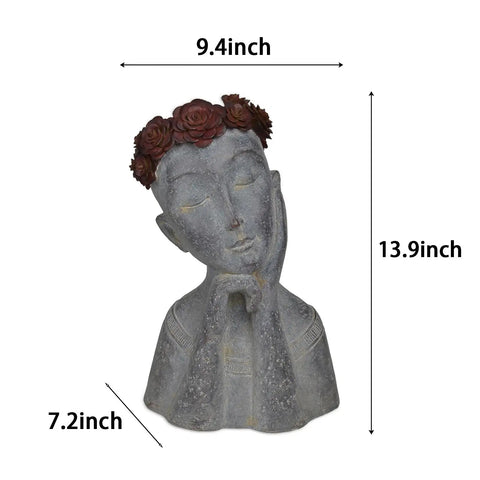 Face Head Planter Pot For Succulents And Small Plants With Drainage Hole, Big Farmhouse Vibe Decor, Gray Concrete Finish, 13.9 inch tall
