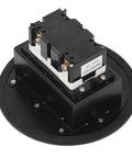 Sleek Stainless Steel Recessed Floor Outlet with Dual 3 Prong Sockets, Heavy Duty 20A 2500W Round Electrical Receptacle top view showing black casing and connections.