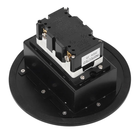Sleek Stainless Steel Recessed Floor Outlet with Dual 3 Prong Sockets, Heavy Duty 20A 2500W Round Electrical Receptacle top view showing black casing and connections.