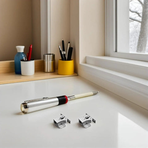 Desk view with two Stainless Steel Double Roller Cabinet Door Catch Set Easy to Install Prevents Slamming and Keeps Cabinets Quiet 12 Piece Hardware