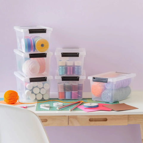 Heavy Duty Clear Plastic Storage Bins With Lids 6 Pack 4 Quart Polypropylene for organizing craft supplies and yarn.
