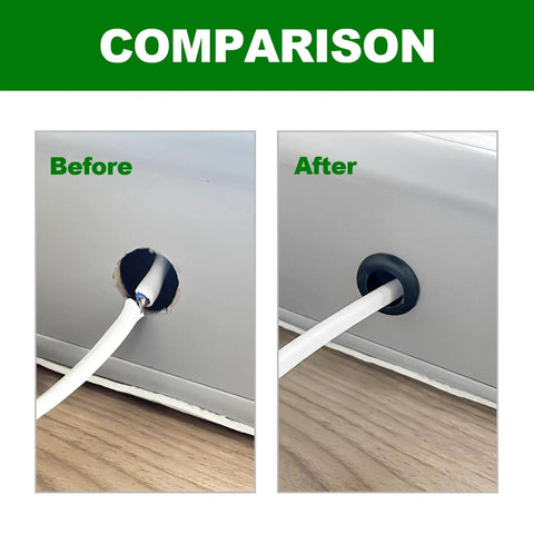 Before and after comparison showing wires protected by One Inch Outer Diameter Rubber Grommets With Three Quarters Inch Inner Diameter.
