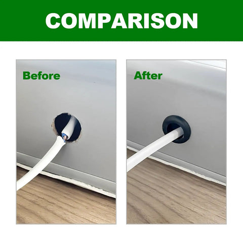 Before and after use of 180 Piece Rubber Grommet Set for Wiring, showing cable protection in wall panel.