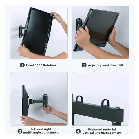 Rock Solid Full Motion Wall Mount TV Bracket With Ridiculously Smooth Swivel Arms And Effortless Tilt For 10 Up To 32 Inch Curved Screens Adjustable Display Stand demonstrating 360° rotation and tilt features.
