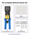 All-In-One RJ45 Pass-Through Crimp Tool Kit For Cat6, Cat5e, And Cat5 Connectors, showing crimp tool, 50 pass-through connectors, 5 blades