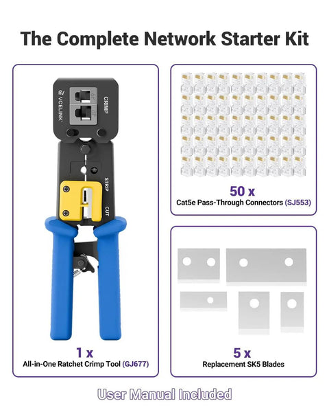 All-In-One RJ45 Pass-Through Crimp Tool Kit For Cat6, Cat5e, And Cat5 Connectors, showing crimp tool, 50 pass-through connectors, 5 blades