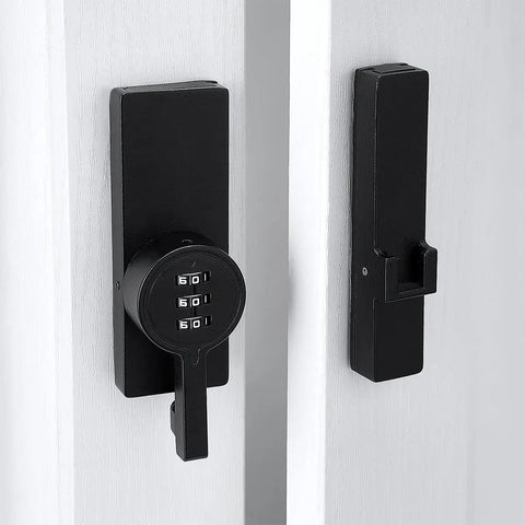 180 Degree Barn Door Lock With 3 Digit Keyless Password, Mechanical Lock, Flip Latch Combo, black, installed on door
