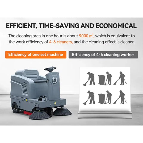Heavy Duty Ride On Floor Sweeper For Big Warehouses And Commercial Spaces. Industrial Cleaning Machine With Large Area Sweeping Capability. High Performance Floor Sweep System For Factories And Parking Lots. Reliable Equipment For Daily Maintenance Jobs.
