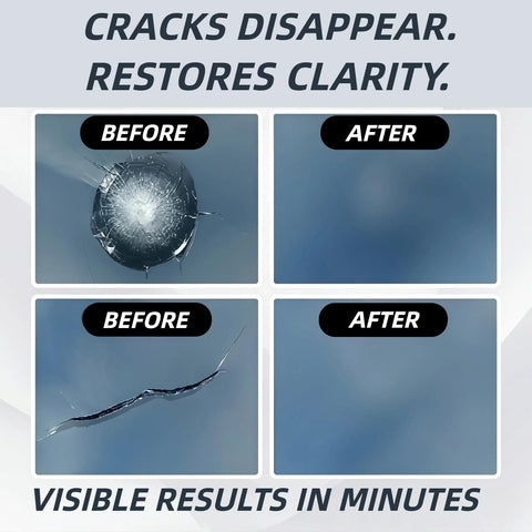 Before and after images using Windshield Crack Repair Kit For Cars With Nano Glass Repair Liquid 5 Minute Quick Fix 2 Bottles.