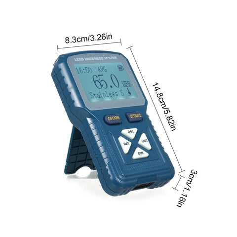 Nimble And No Fuss Portable Hardness Tester For Metals Quick Convert HLD HB HV HRA HRB HRC Digital Durometer Kit showing backlit screen