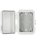 Rugged Outdoor Junction Box IP67 Waterproof With Hinged Gray Cover And Stainless Steel Latch, Built Tough With Mounting Plate, Wall Brackets, DIN Rail Ready Interior For Terminal Blocks, Relays, And Power Supplies, 120x90x70mm open