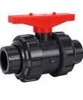 Top Shelf UPVC Union Ball Valve With Double Socket Slip Design For 25mm Pipes features a red handle and durable black plastic body.