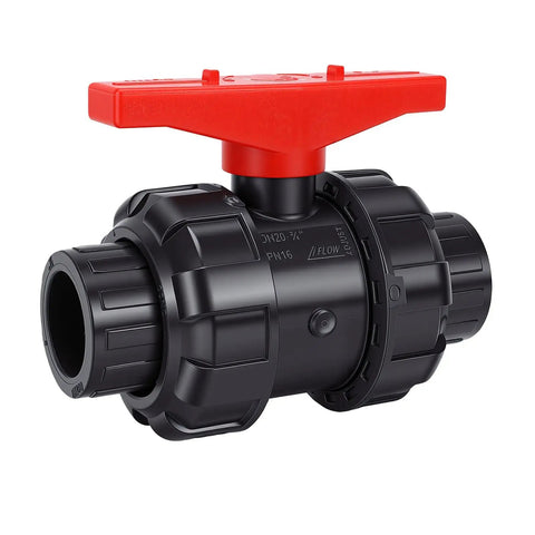 Top Shelf UPVC Union Ball Valve With Double Socket Slip Design For 25mm Pipes features a red handle and durable black plastic body.