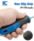 Close-up of cushioned grip handle of Magnetic Tip Screwdriver Set 6 Pack With Phillips And Flat Bits Cushioned Grip Handles Heat Treated CR V Steel Rust Resistant Anti Cam Out Perfect For Home And Garage Projects.