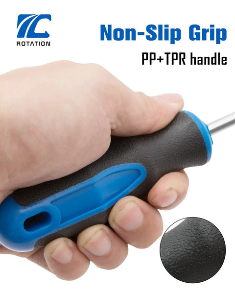 Close-up of cushioned grip handle of Magnetic Tip Screwdriver Set 6 Pack With Phillips And Flat Bits Cushioned Grip Handles Heat Treated CR V Steel Rust Resistant Anti Cam Out Perfect For Home And Garage Projects.