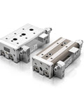 Heavy Duty Mxs8 Pneumatic Slide Table Cylinder Featuring Precision Linear Actuator Mechanics with dual silver aluminum design.