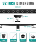 Diagram showing 32 Inch Matte Black Linear Shower Drain With Removable Brick Pattern Grate, Rectangle Floor Drain In 304 Stainless Steel, Adjustable Feet, Hair Strainer, 2 Inch Central Outlet, Easy Clean