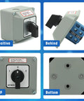 High Current 25A Rotary Changeover Switch For Solar Power Rig Setup With Exterior Box, 3 Position 2 Pole 8 Terminal, multi-angle view