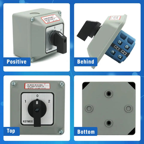 High Current 25A Rotary Changeover Switch For Solar Power Rig Setup With Exterior Box, 3 Position 2 Pole 8 Terminal, multi-angle view