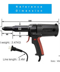 Heavy Duty Electric Blind Riveter 600 Watt Power Tool Built Tough With Long Stroke Handles showing dimensions and power cord.