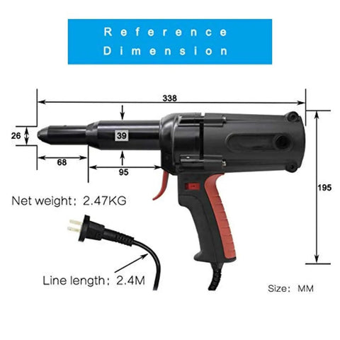 Heavy Duty Electric Blind Riveter 600 Watt Power Tool Built Tough With Long Stroke Handles showing dimensions and power cord.