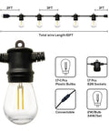 Diagram showing Outdoor String Lights Four 51 Foot Runs Waterproof Dimmable LED Bulbs Shatterproof 2W with bulb details.
