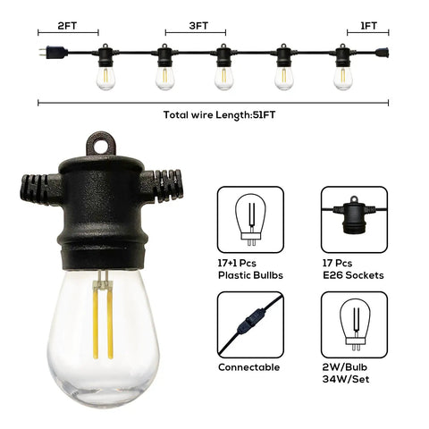 Diagram showing Outdoor String Lights Four 51 Foot Runs Waterproof Dimmable LED Bulbs Shatterproof 2W with bulb details.