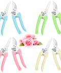 Eight Piece Garden Shears Set In Four Color Variants With pruners and scissors, pink, green, blue, beige handles around flowers