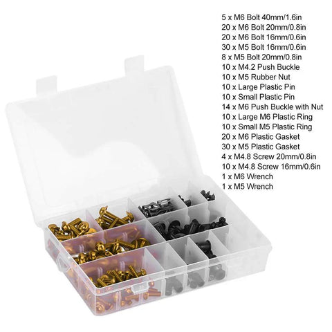 Universal 223-Piece Motorcycle Fairing Bolts Kit With Windscreen Screws And Nuts, sorted in clear box, Gold, Aluminum ABS hardware for fairings.
