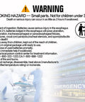 Warning label for Hella Solid CR2025 3 Volt Coin Cell Batteries 12 Pack, highlighting choking hazard and safety instructions.
