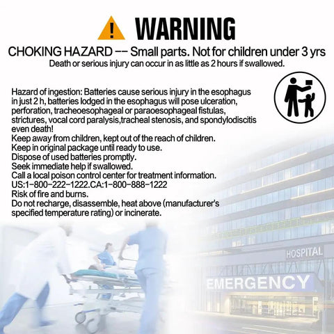 Warning label for Hella Solid CR2025 3 Volt Coin Cell Batteries 12 Pack, highlighting choking hazard and safety instructions.
