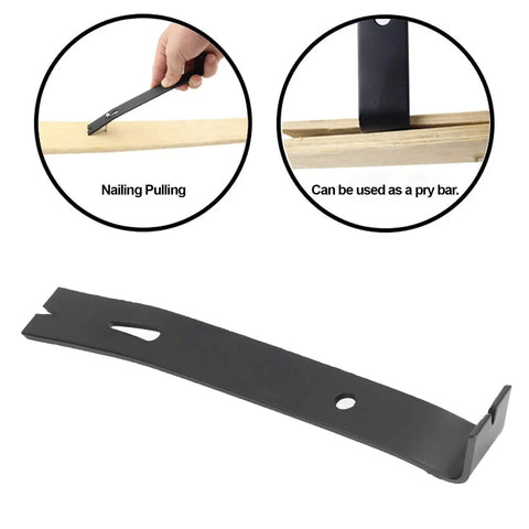 Carbon Steel Pry Bar With Nail Puller And Claw shown pulling nails from wood, featuring durable black finish and flat wide claw.
