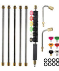 Brass Pressure Washer Extension Wand 120 Inch Telescoping Gutter Cleaning Tool For 4000 PSI Power Washers Replacement Lance With Window Nozzles Tips Heavy Duty Pro Grade Cleaning Accessory displayed laid out with parts including wands, nozzles, and o-rings