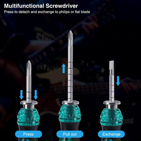 Multifunctional screwdriver from Guitar Tool Kit 31 Pieces For Pro Setup And Repair All In One Luthier Tools with exchangeable tips.