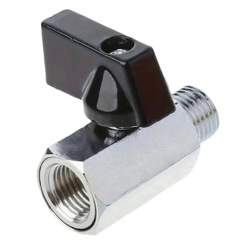 Rugged As Nails Carbon Steel Ball Valve Seals Tighter For Air Compressor And Water Pipes With Easy Twist Handle detail showing threaded end and black handle.