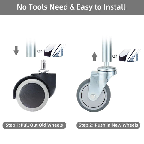 Heavy Duty Swivel Caster Wheels Set Of 4, 3 Inch TPR Rubber Rollers With 7/16 Inch Stem installation guide showing old and new wheels.